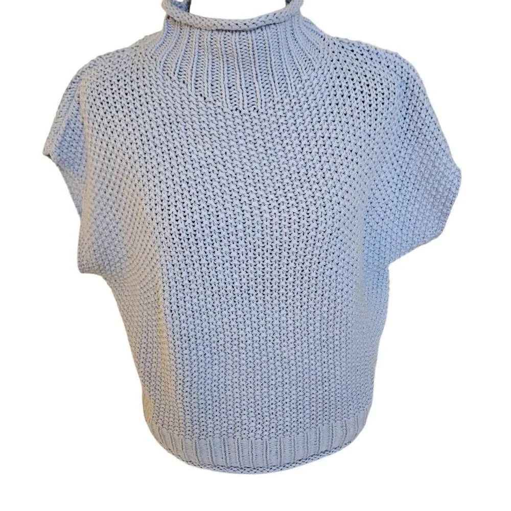 She + Sky Women's Cotton Blend Mock Neck Chunky Knitted Sweater Blue Small